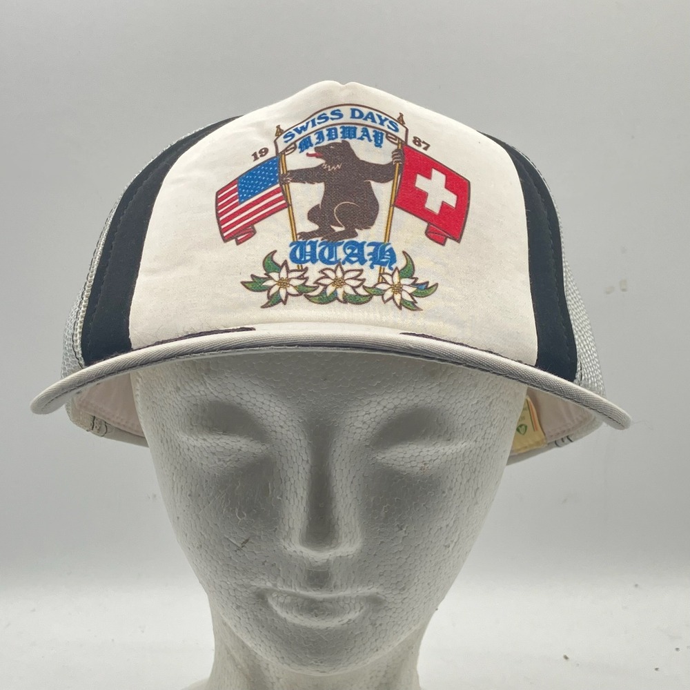 Vintage 1987 Swiss Days‎ Midway Utah Trucker Hat USA Swiss Flags Bear